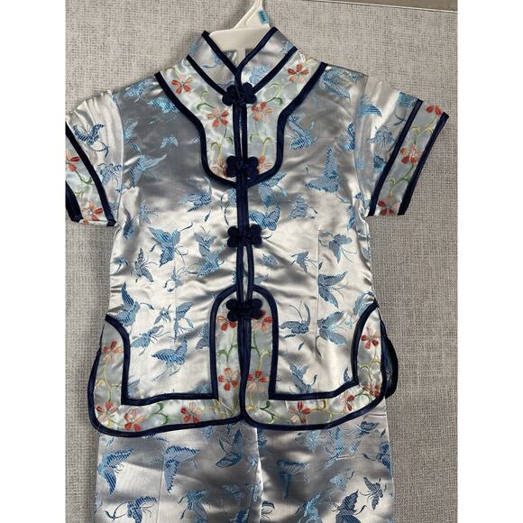 2 Piece Chinese Outfit Toddler Size 2 Blue Embroidered Floral Butterflies NWT - Picture 6 of 15